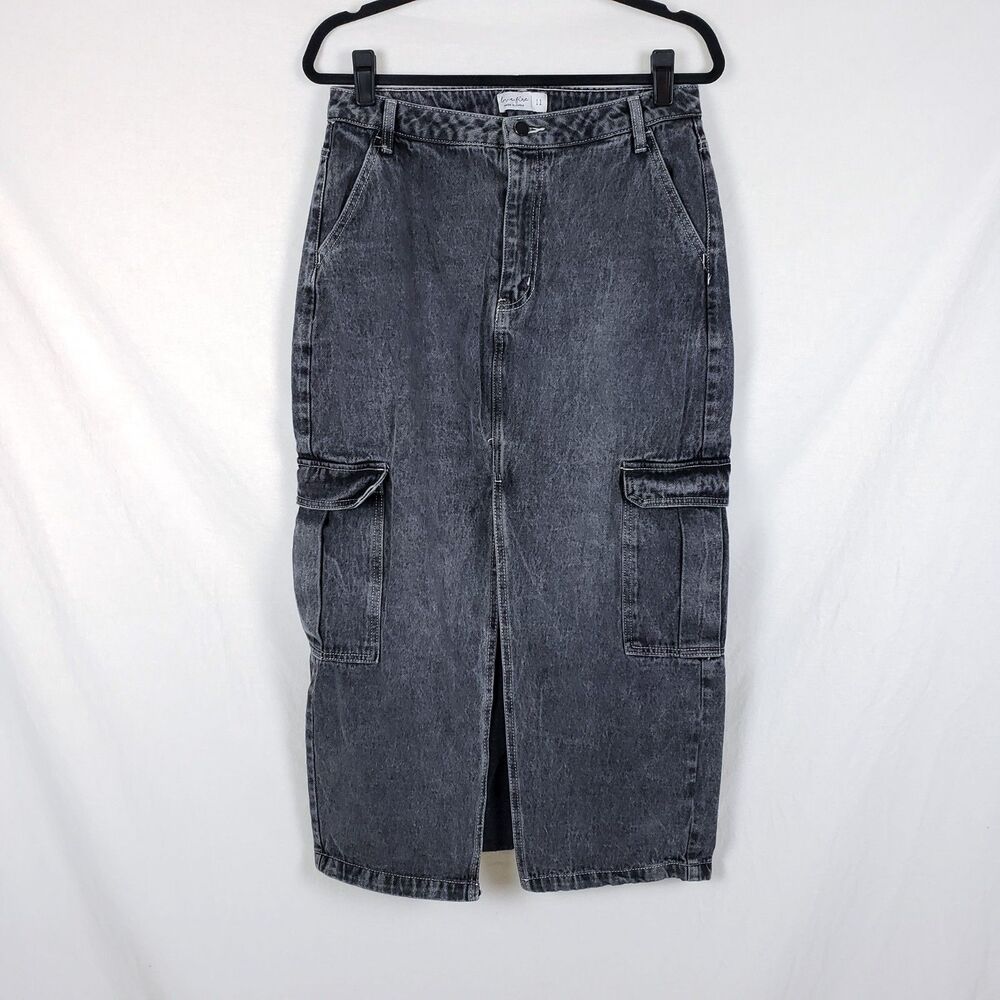 Love Fire Grunge Y2K Cargo Denim Maxi Skirt Womens 11 Front Slit Washed Black